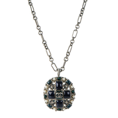 Chanel Gripoix Poured Glass Pearl CC Necklace Silver 1 of 5