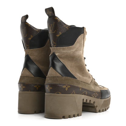 Louis Vuitton Suede Calfskin Monogram Laureate Platform Desert Boots 37.5 Taupe 5 of 17