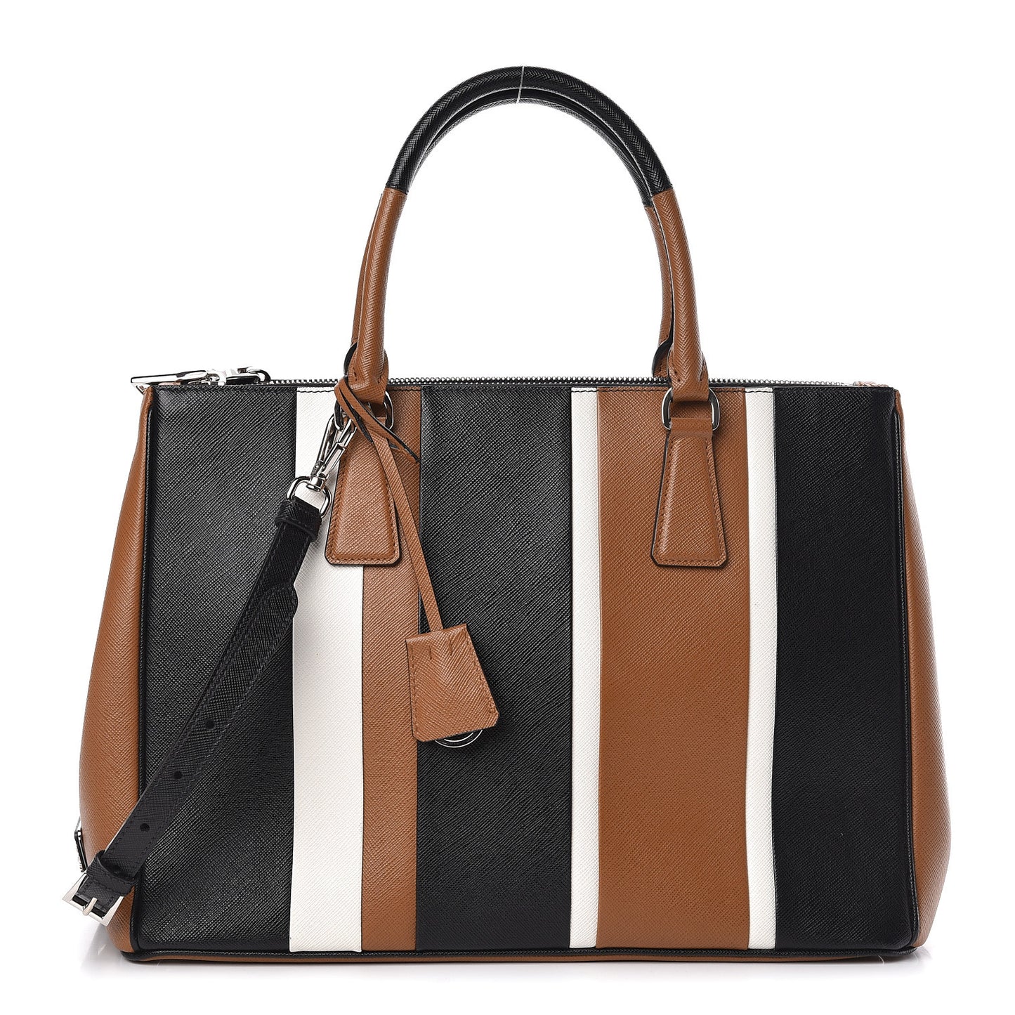 Saffiano Baiadera Striped Medium Galleria Double Zip Tote Caramel Black White
