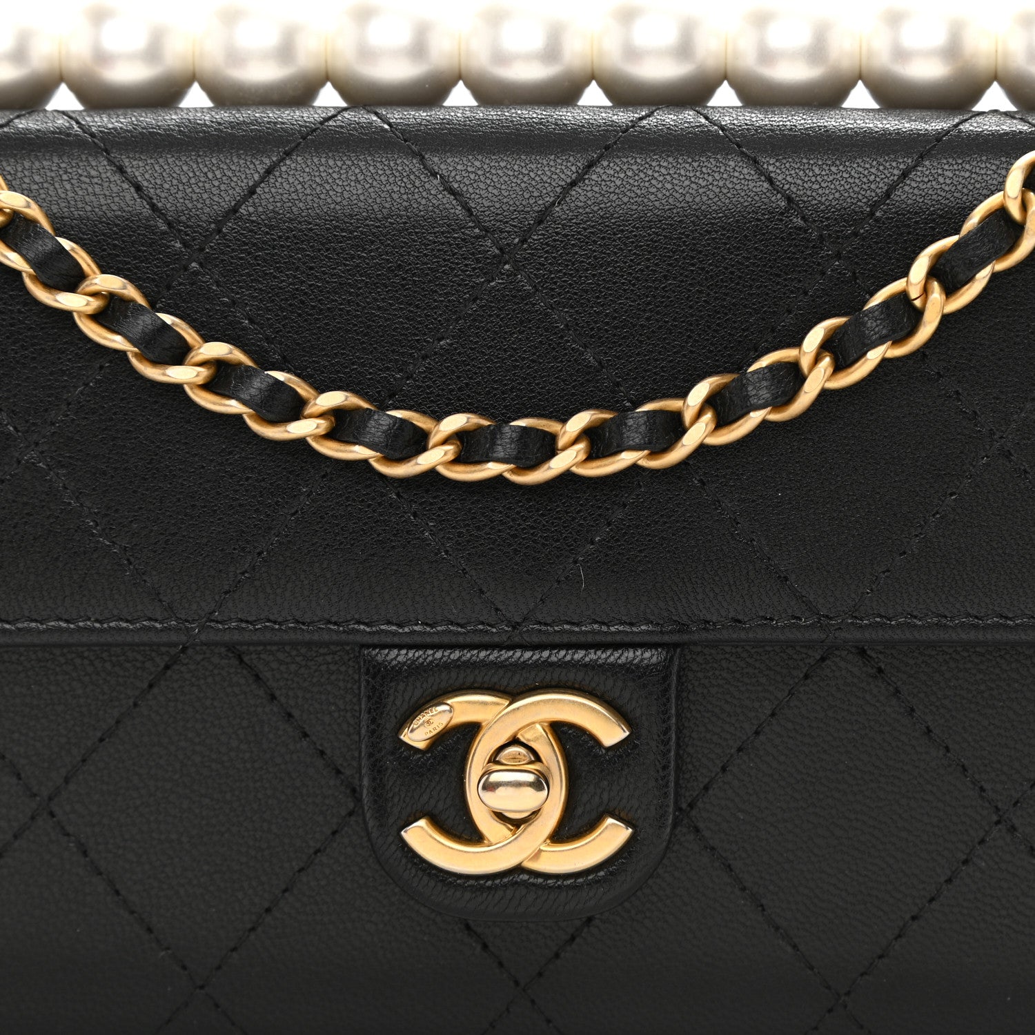 Chanel Goatskin Quilted Chic Pearls Clutch With Chain Black 9 of 10