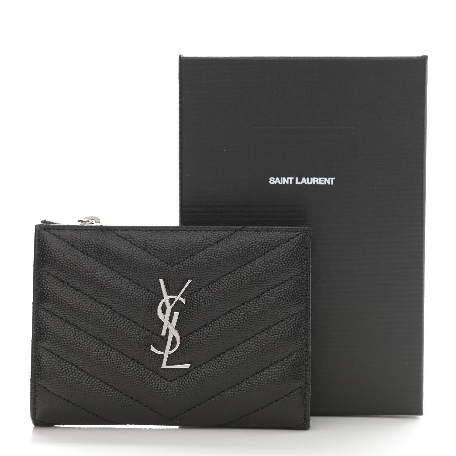 Saint Laurent Grain De Poudre Matelasse Chevron Monogram Zipped Two-Part Wallet Black 16 of 16