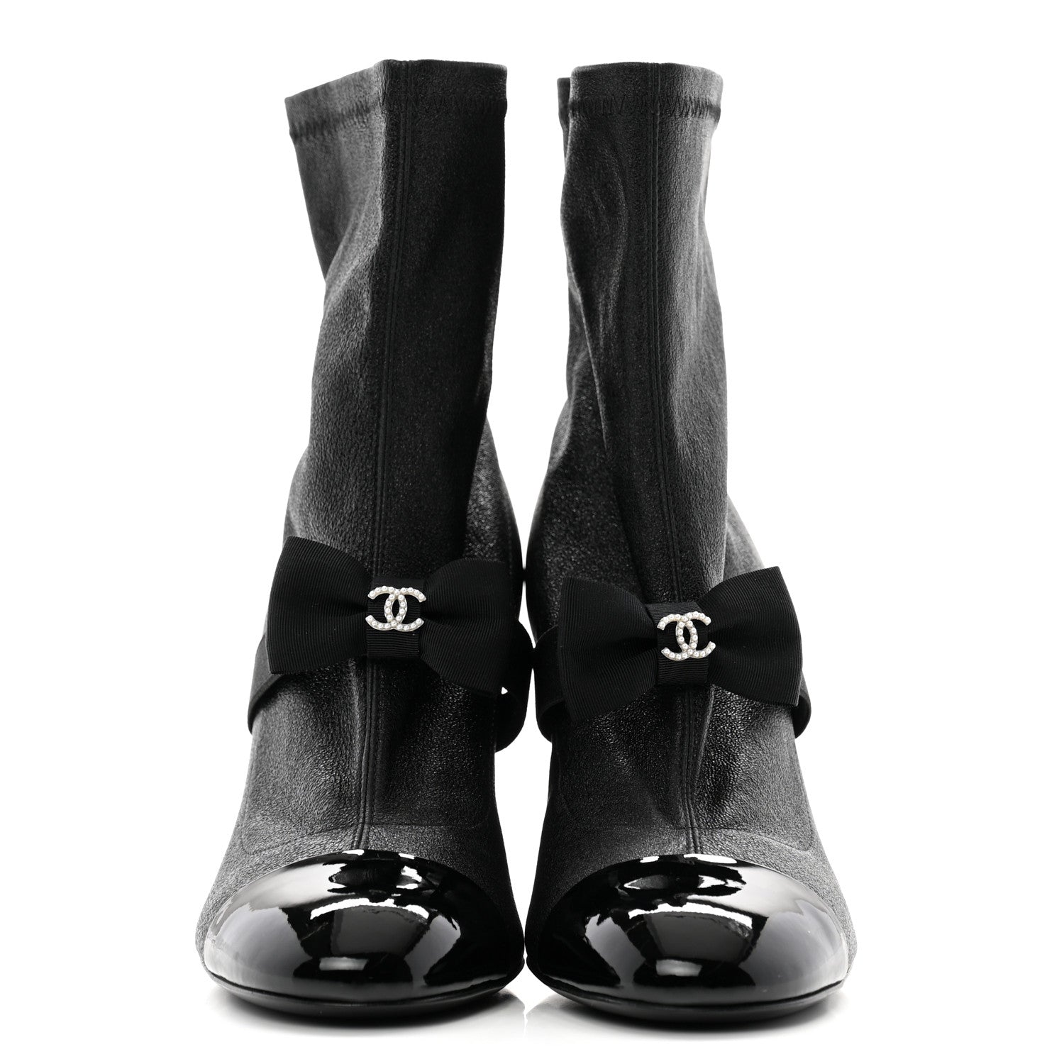 Chanel Stretch Iridescent Lambskin Patent Pearl CC Bow Cap Toe Short Boots 37 Black 2 of 7