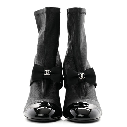 Chanel Stretch Iridescent Lambskin Patent Pearl CC Bow Cap Toe Short Boots 37 Black 2 of 7