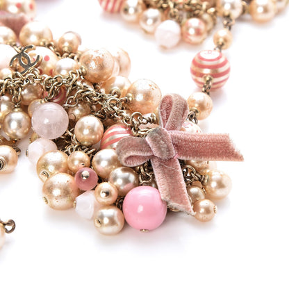 Chanel Pearl CC Beaded Velvet Bow Long Necklace Pink Ivory 5 of 6