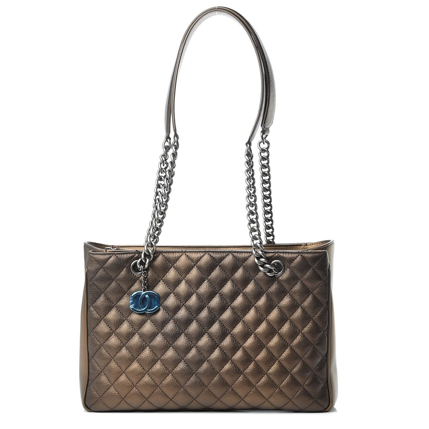 Metallic Grained Calfskin Quilted Shopping Tote Dark Gold