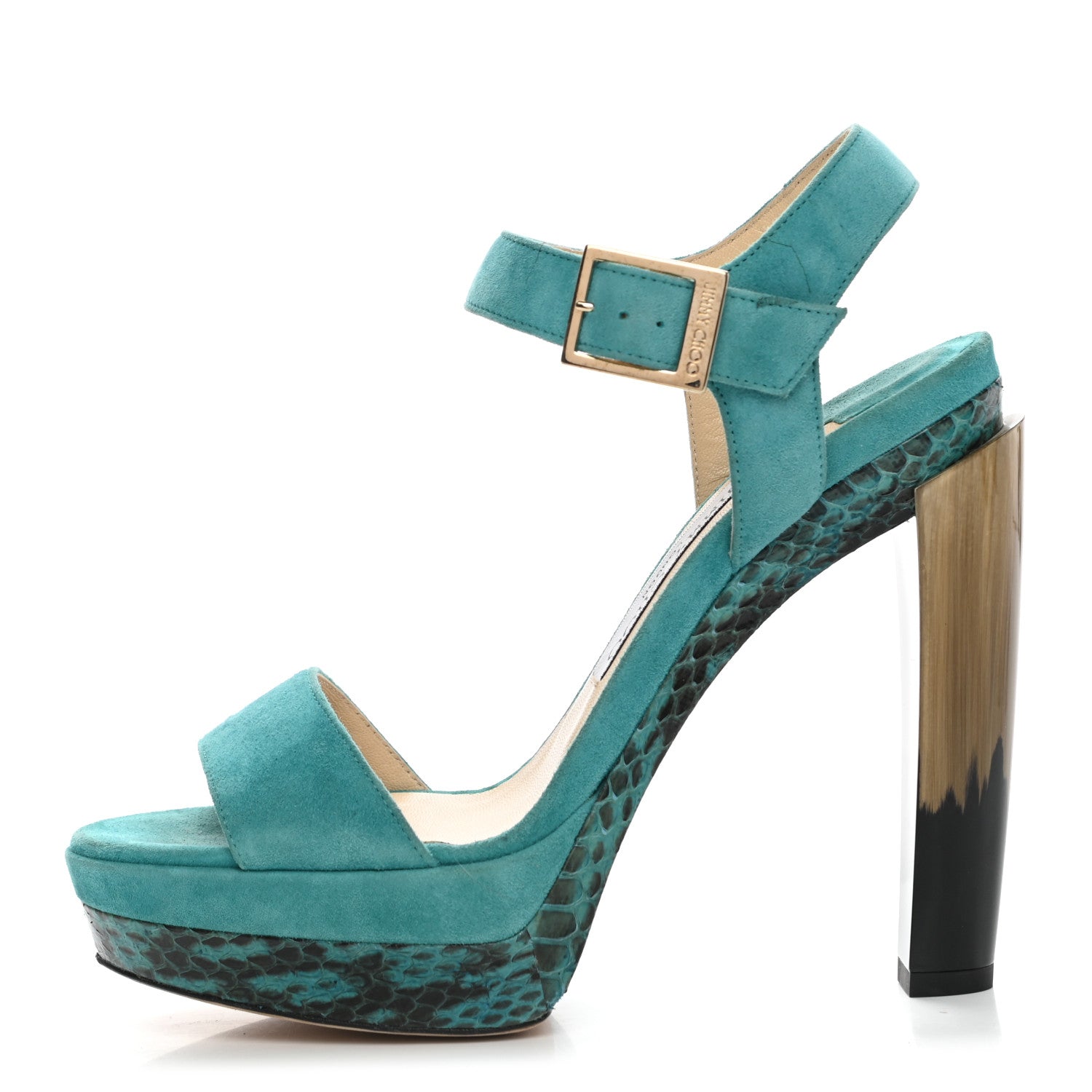 Jimmy Choo Suede Elaphe Horn Heel 130 Sandals 37 Malibu 1 of 8