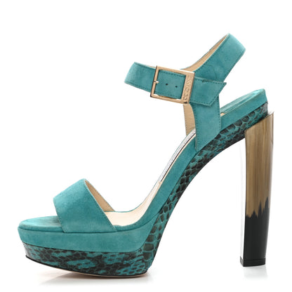 Jimmy Choo Suede Elaphe Horn Heel 130 Sandals 37 Malibu 1 of 8