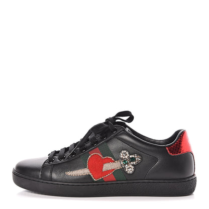 Gucci Calfskin Ayers Web Pierced Heart Embroidered Ace Sneakers 36.5 Black 1 of 9
