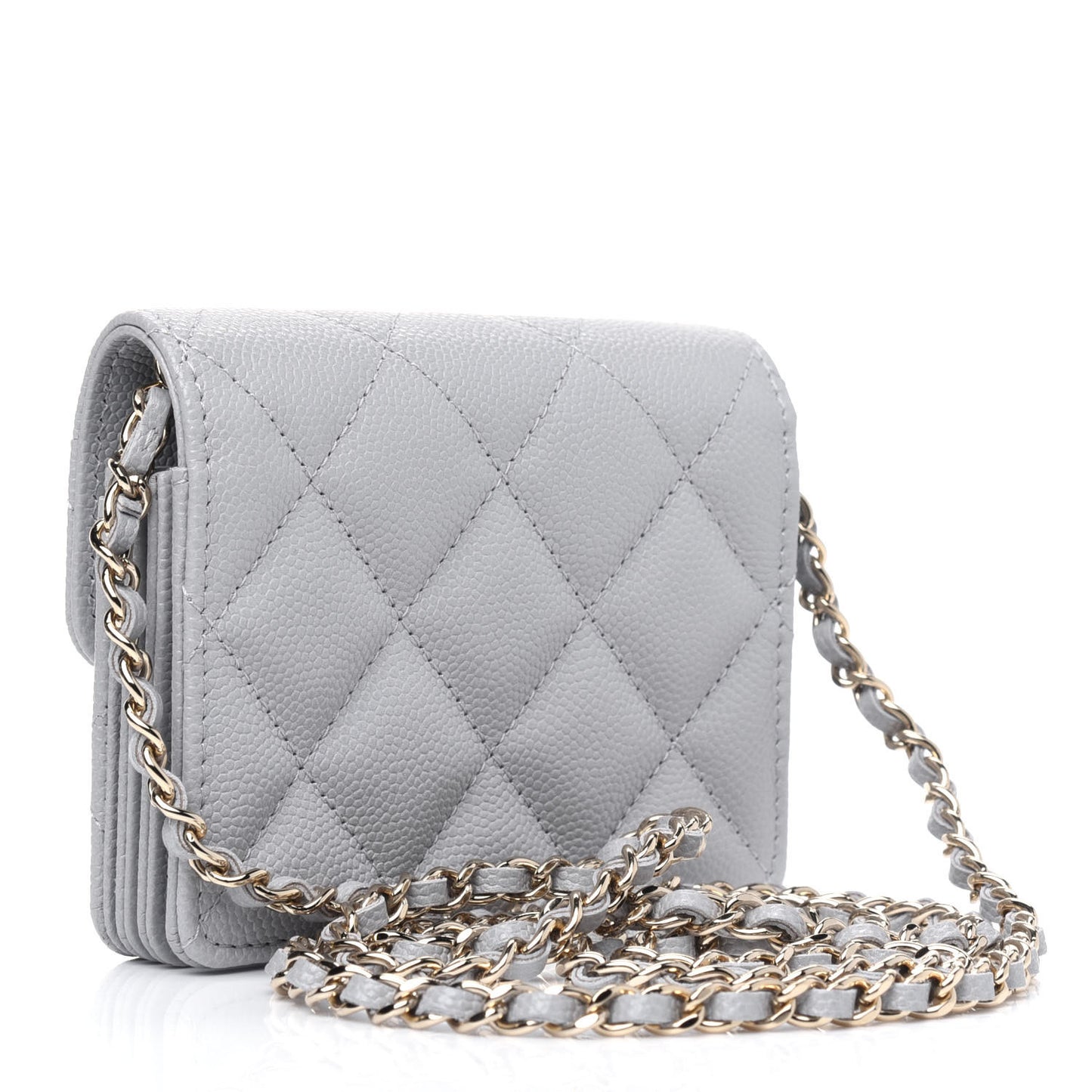 Caviar Quilted Flap Card Holder On Chain Grey