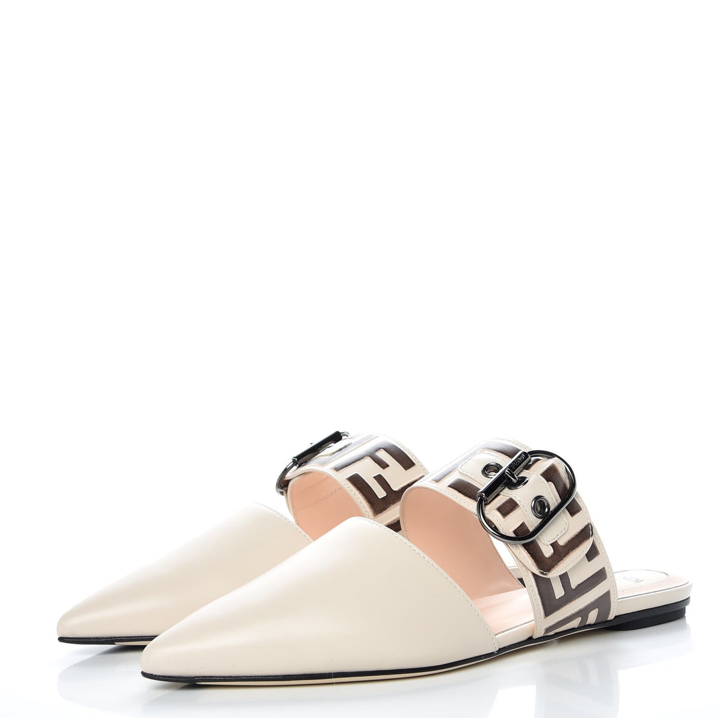 Vitello FF Embossed Buckle Flat Mules 37.5 Camelia Moresco