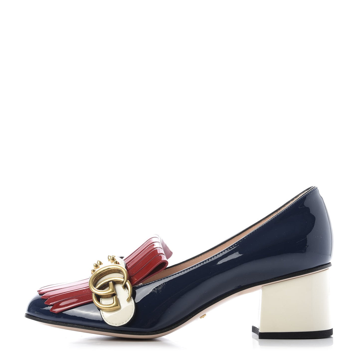 Vernice Studded GG Marmont Fringe 50mm Loafer Pumps 37 Blue Agata Hibiscus Red Mystic White