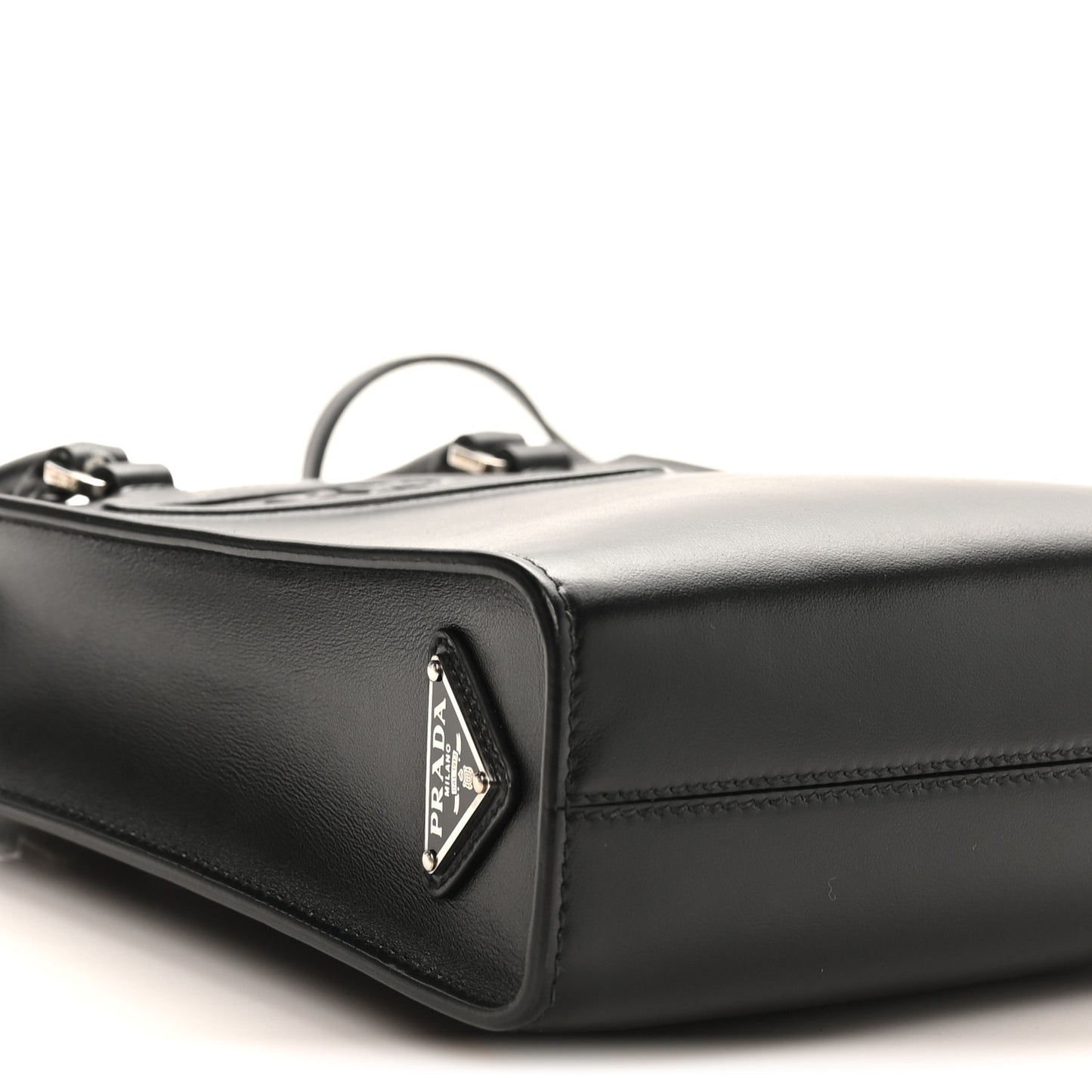 Soft Calfskin Triangle Logo Embossed Small Double Handle Crossbody Tote Black