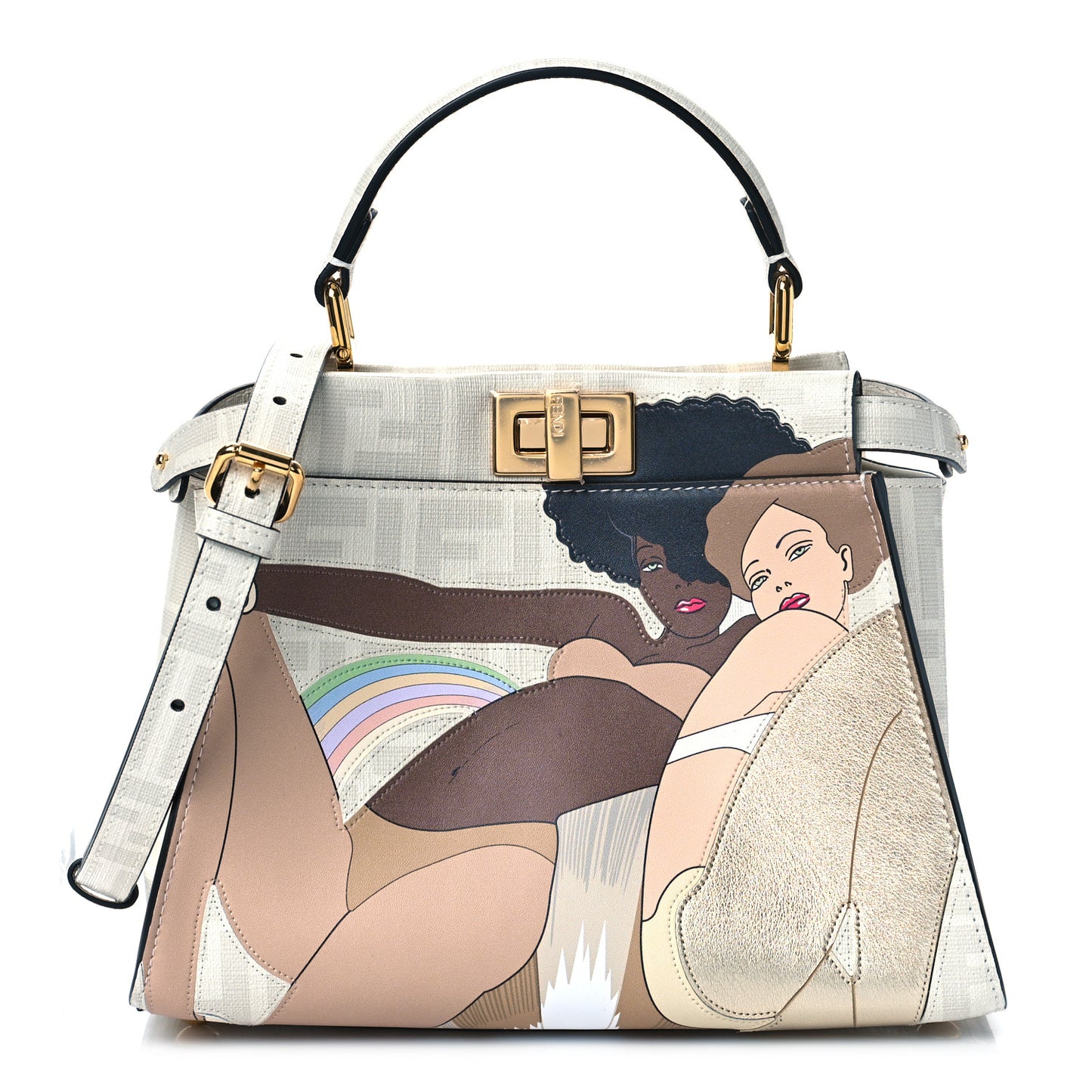 Glazed Fabric Nappa FF Disco Girls Inlay Mini Peekaboo Iconic Satchel Bianco Perla Multicolor