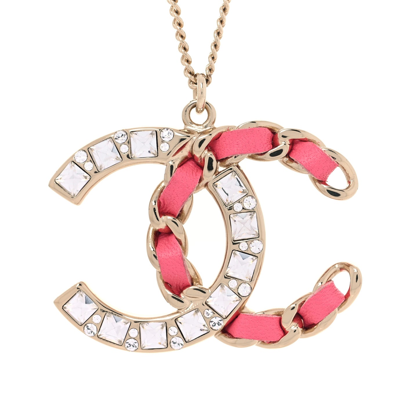 Lambskin Baguette Crystal CC Necklace Gold Pink