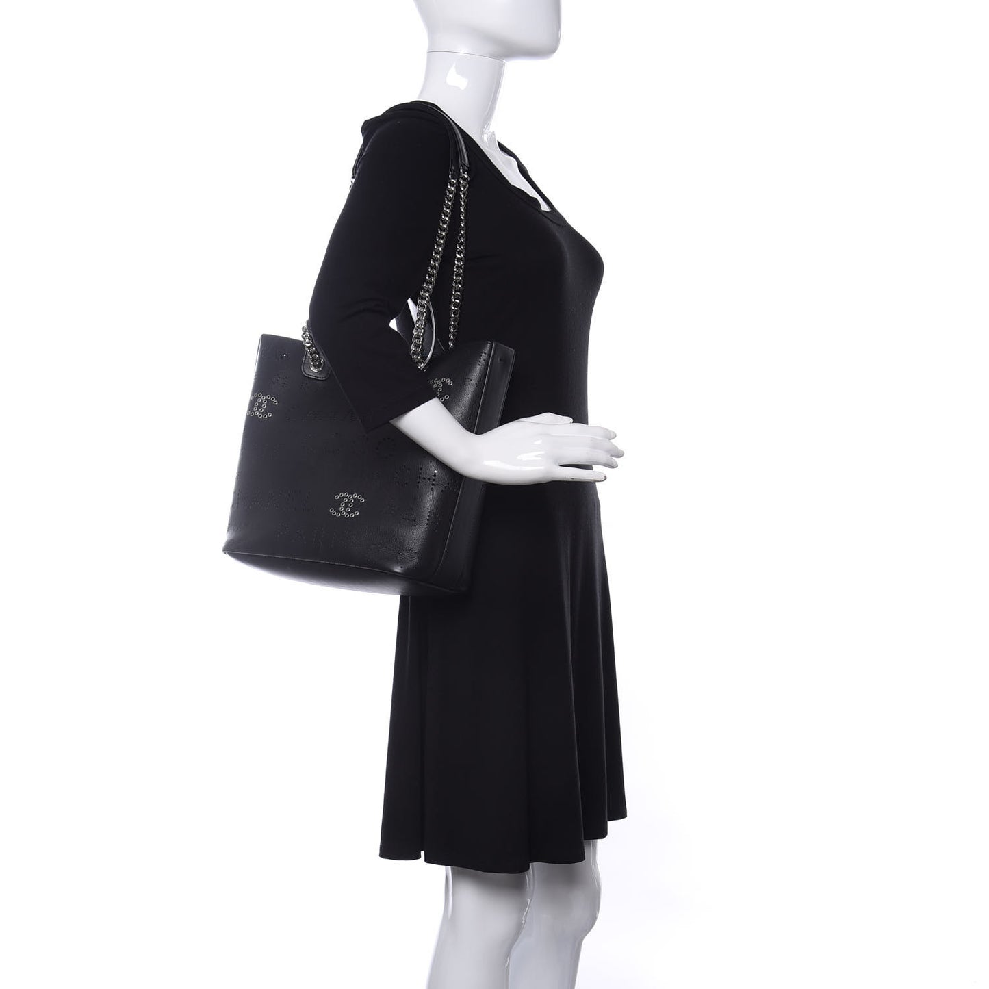 Calfskin Tweed Small Logo Eyelets Shopping Tote Black