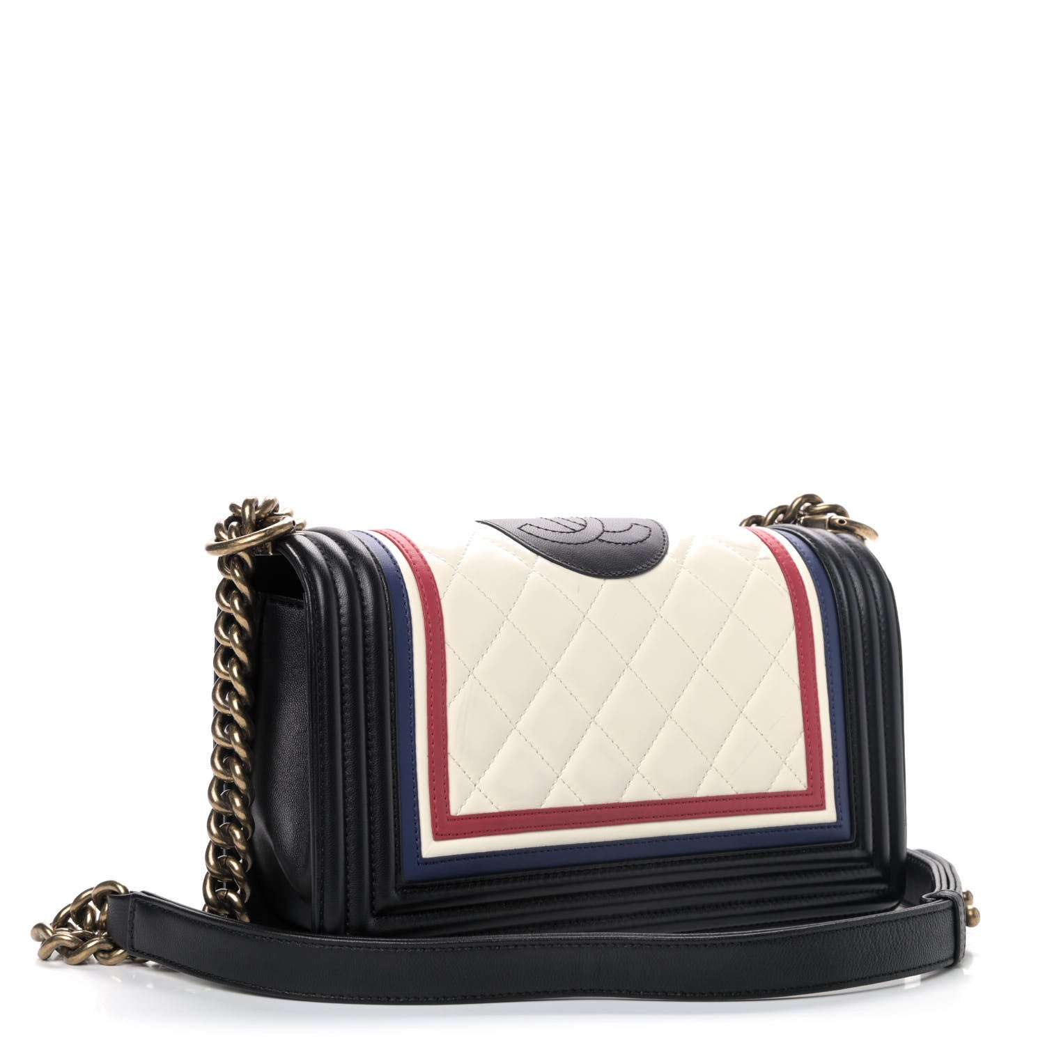 Chanel Lambskin Quilted Crest Embellished Medium Boy Flap Black White Blue 2 of 6