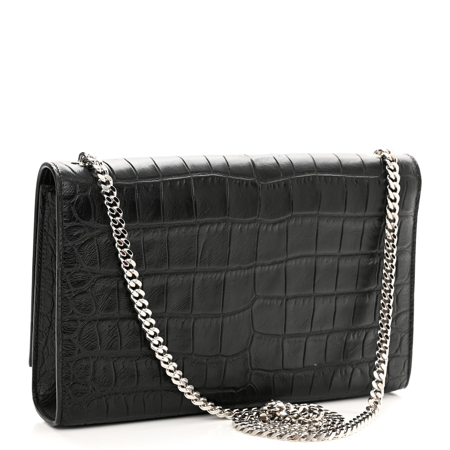 Calfskin Crocodile Embossed Medium Classic Monogram Kate Tassel Satchel Black
