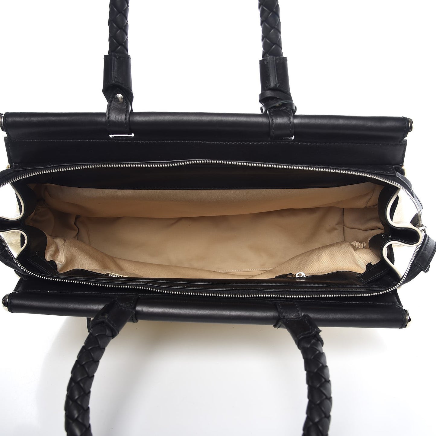 Calfskin Chain Lock Frame Satchel Beige Black