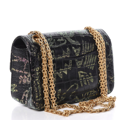 Chanel Calfskin Crocodile Embossed Graffiti 2.55 Mini Cocodile Reissue Flap Black Pink 3 of 10