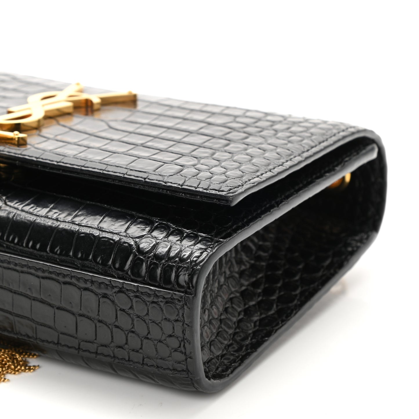 Calfskin Crocodile Embossed Small Classic Monogram Kate Tassel Satchel Black