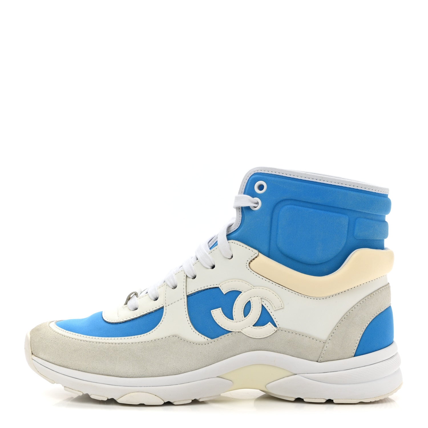 Chanel Suede Calfskin Lambskin High Top CC Sneakers 40 White Blue 1 of 9