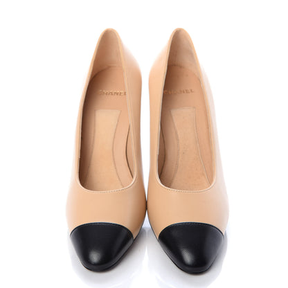Chanel Lambskin Patent Cap Toe Pearl Pumps 37 Beige Black 5 of 10