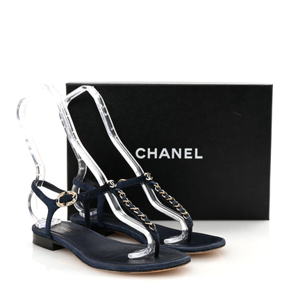 Chanel Suede Calfskin Thong Sandals 37 Navy Blue 9 of 9