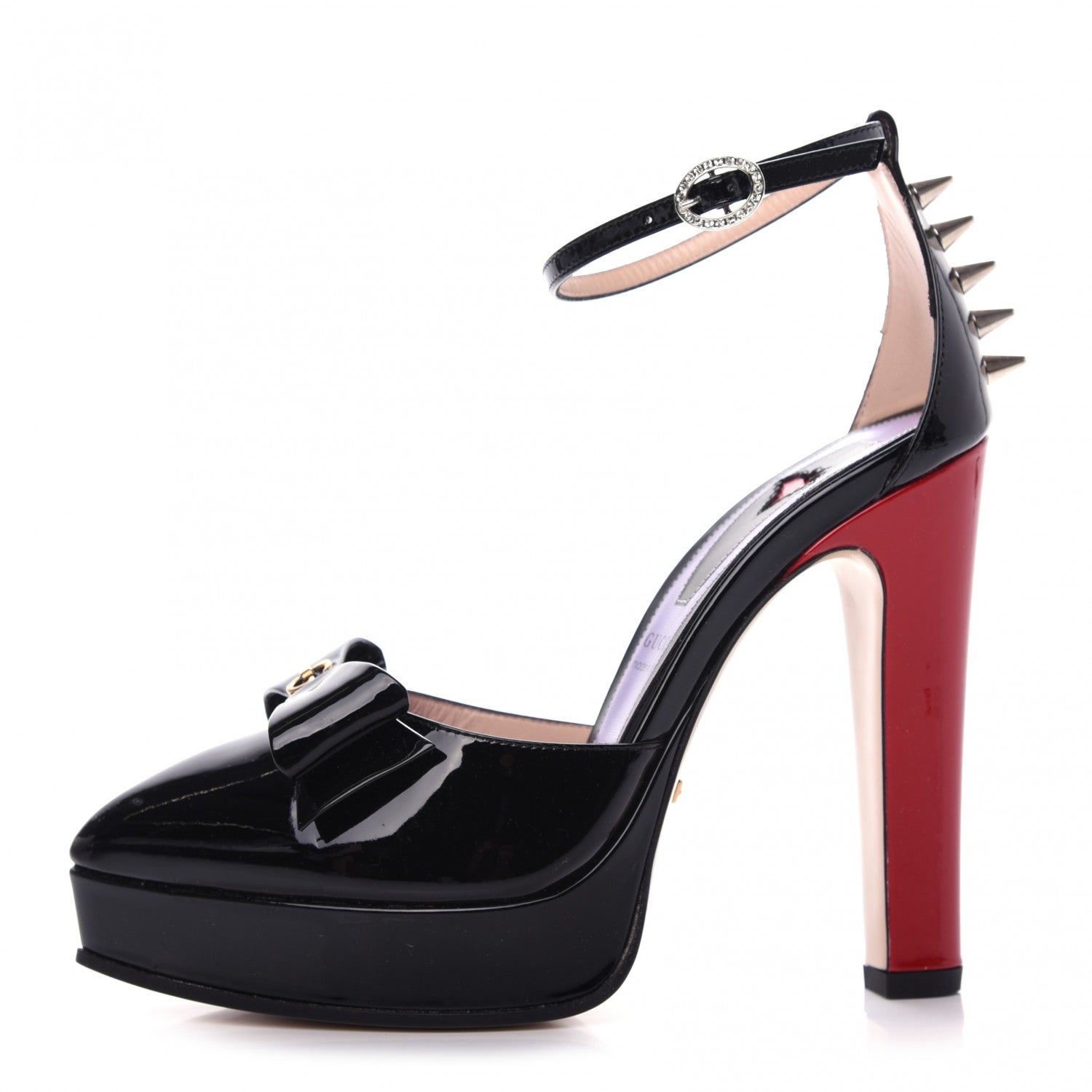 Gucci Patent Crystal GG Bow Sadie Spike Ankle Strap d'Orsay Platform High Heel Pumps 35.5 Black 1 of 10