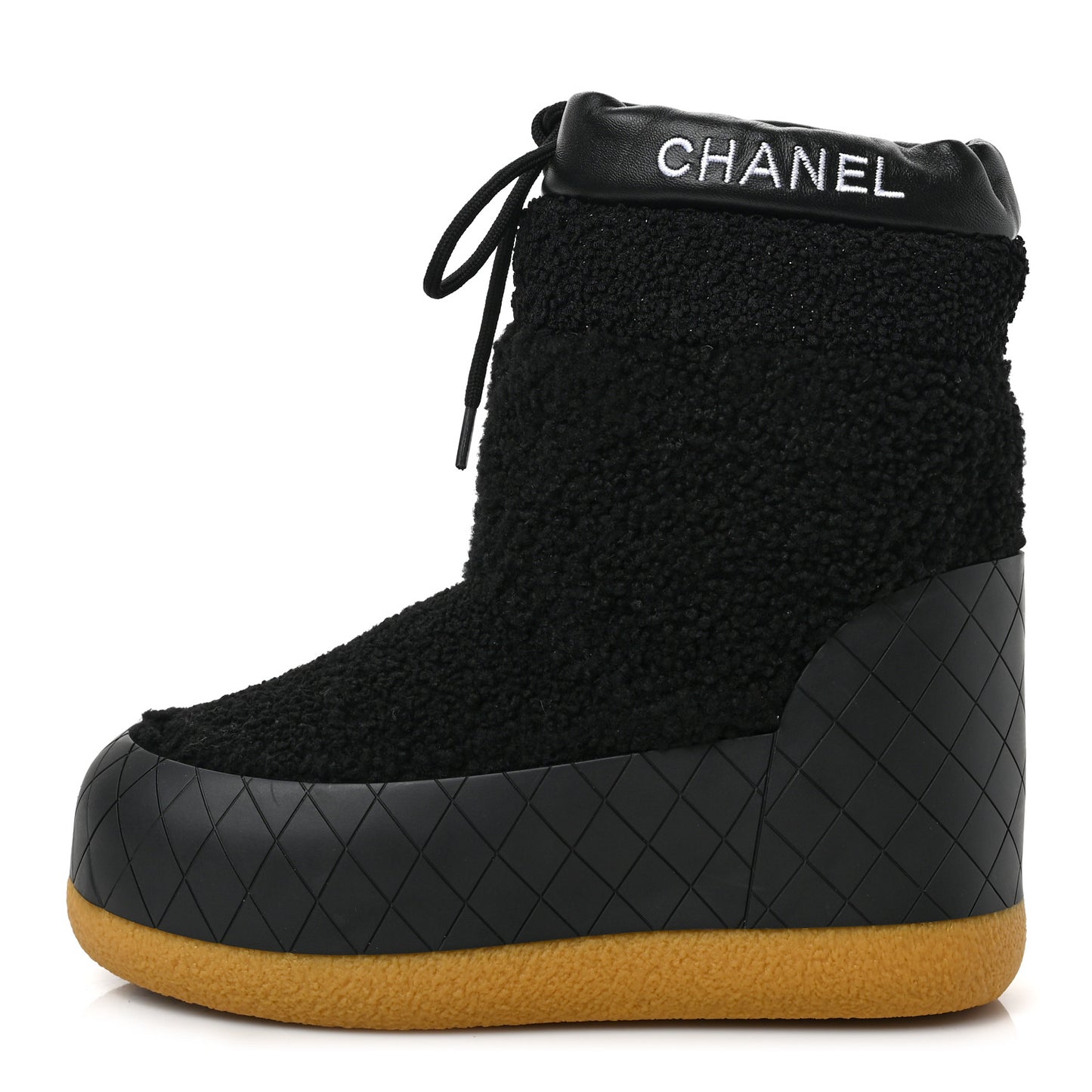Tweed Shearling Sheepskin Drawstring Snow Ankle Boots 35 Black