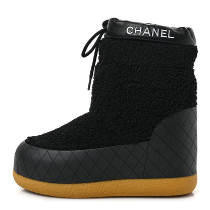 Chanel Tweed Shearling Sheepskin Drawstring Snow Ankle Boots 35 Black 1 of 9