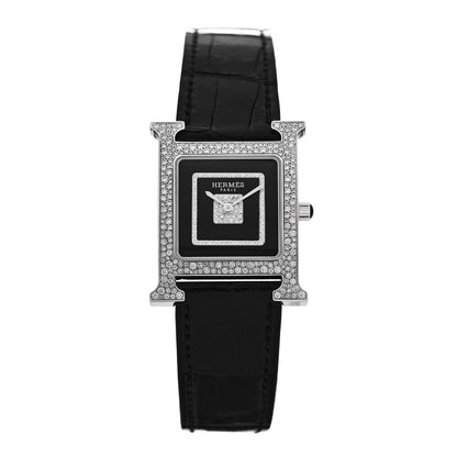 Hermes 18K White Gold Alligator Diamond Pave 26mm Heure H Hour Quartz Watch Noir 1 of 5
