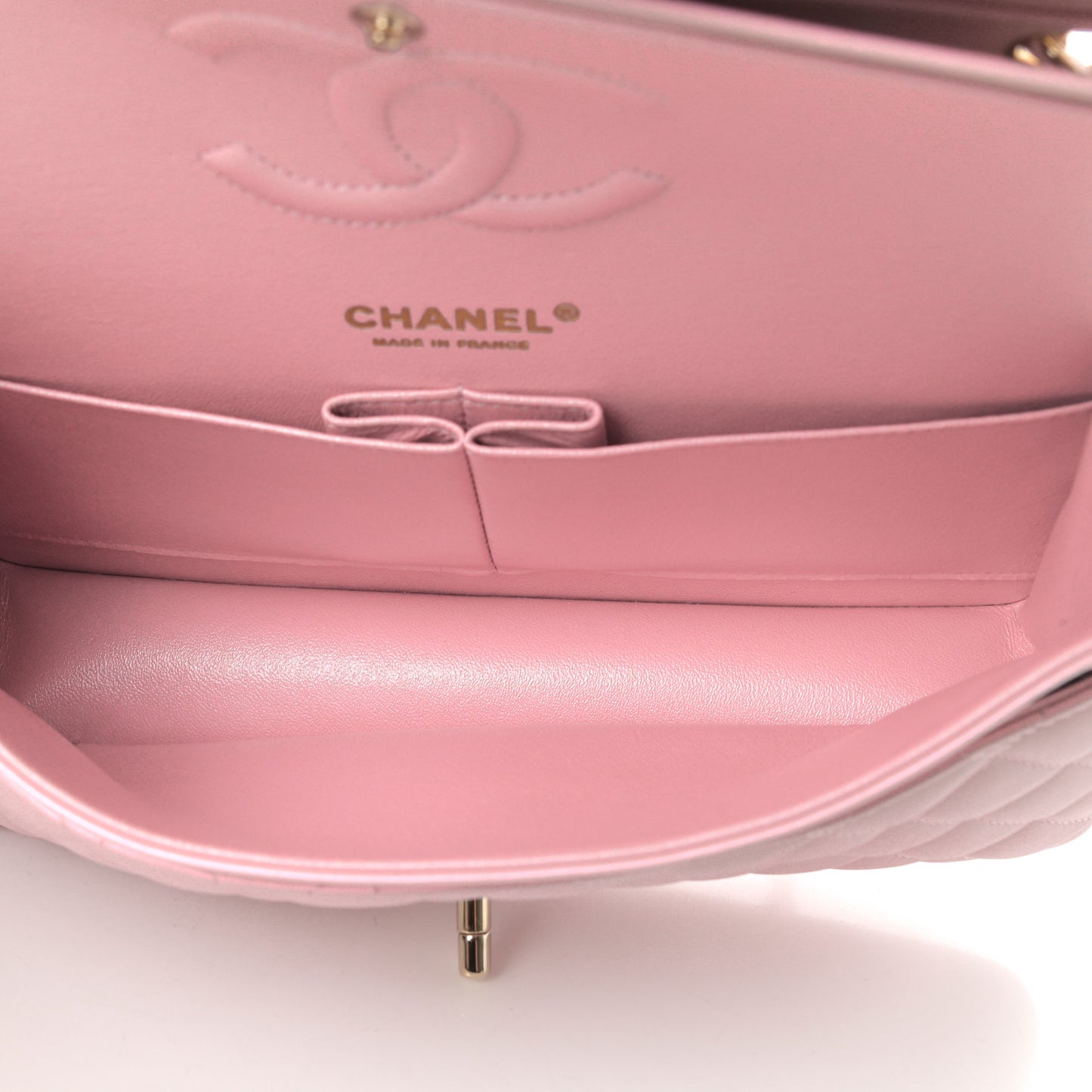 Iridescent Calfskin Quilted Medium Double Flap Light Pink