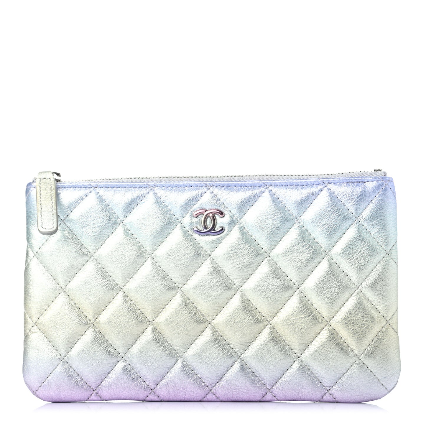 Gradient Metallic Calfskin Quilted Cosmetic Case Silver Blue Yellow Purple