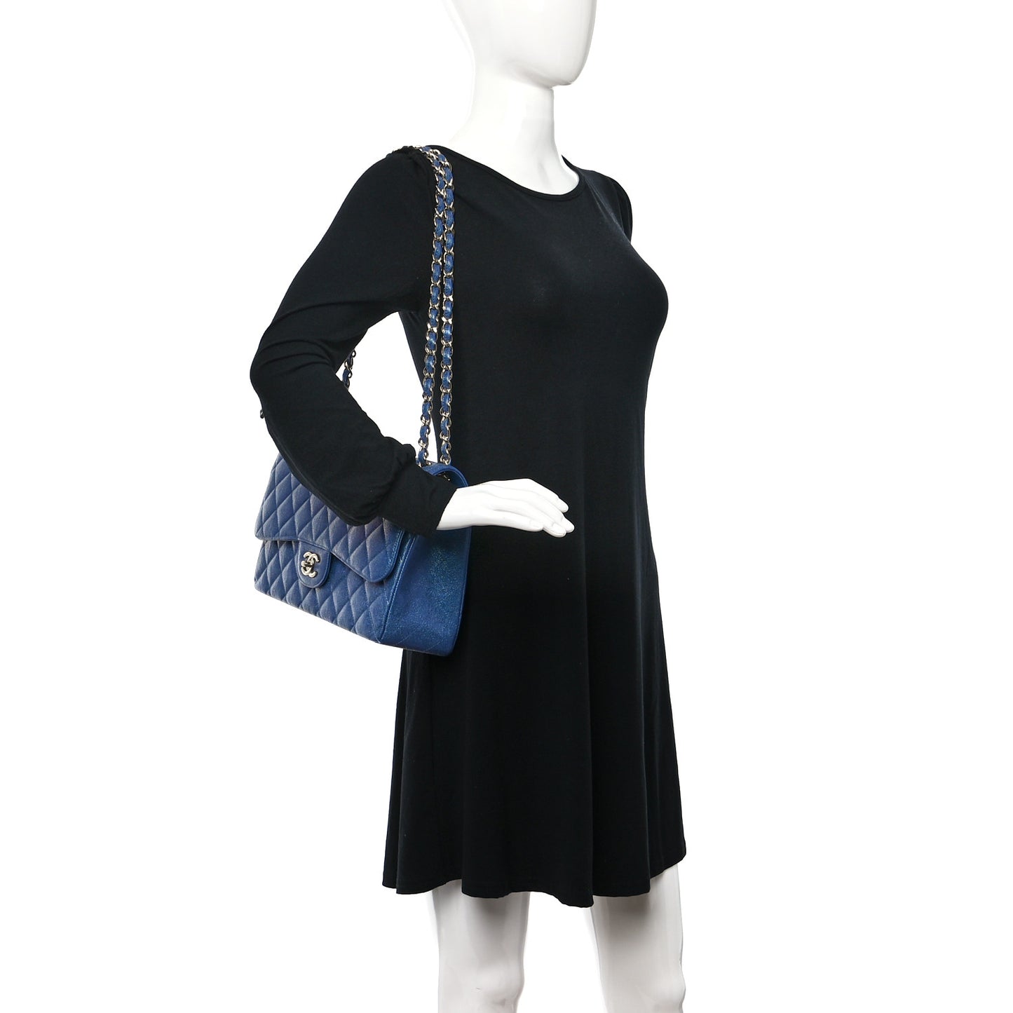 Iridescent Caviar Quilted Jumbo Double Flap Dark Blue
