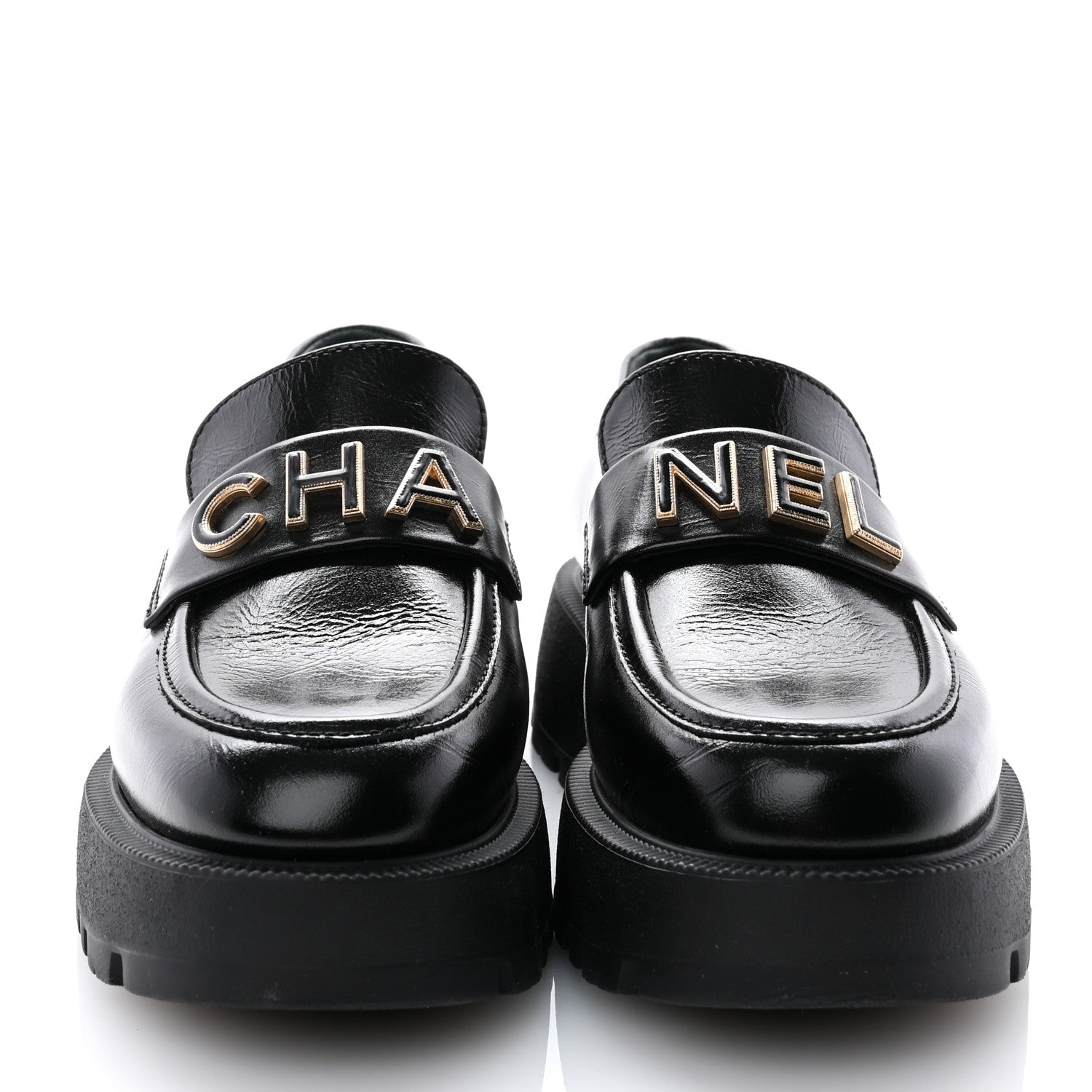 Chanel Shiny Calfskin Logo Loafers 36.5 Black 2 of 11