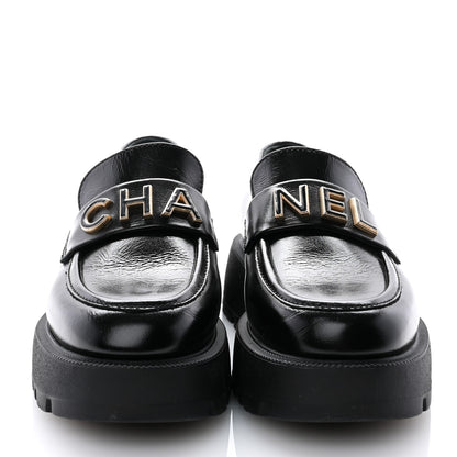 Chanel Shiny Calfskin Logo Loafers 36.5 Black 2 of 11