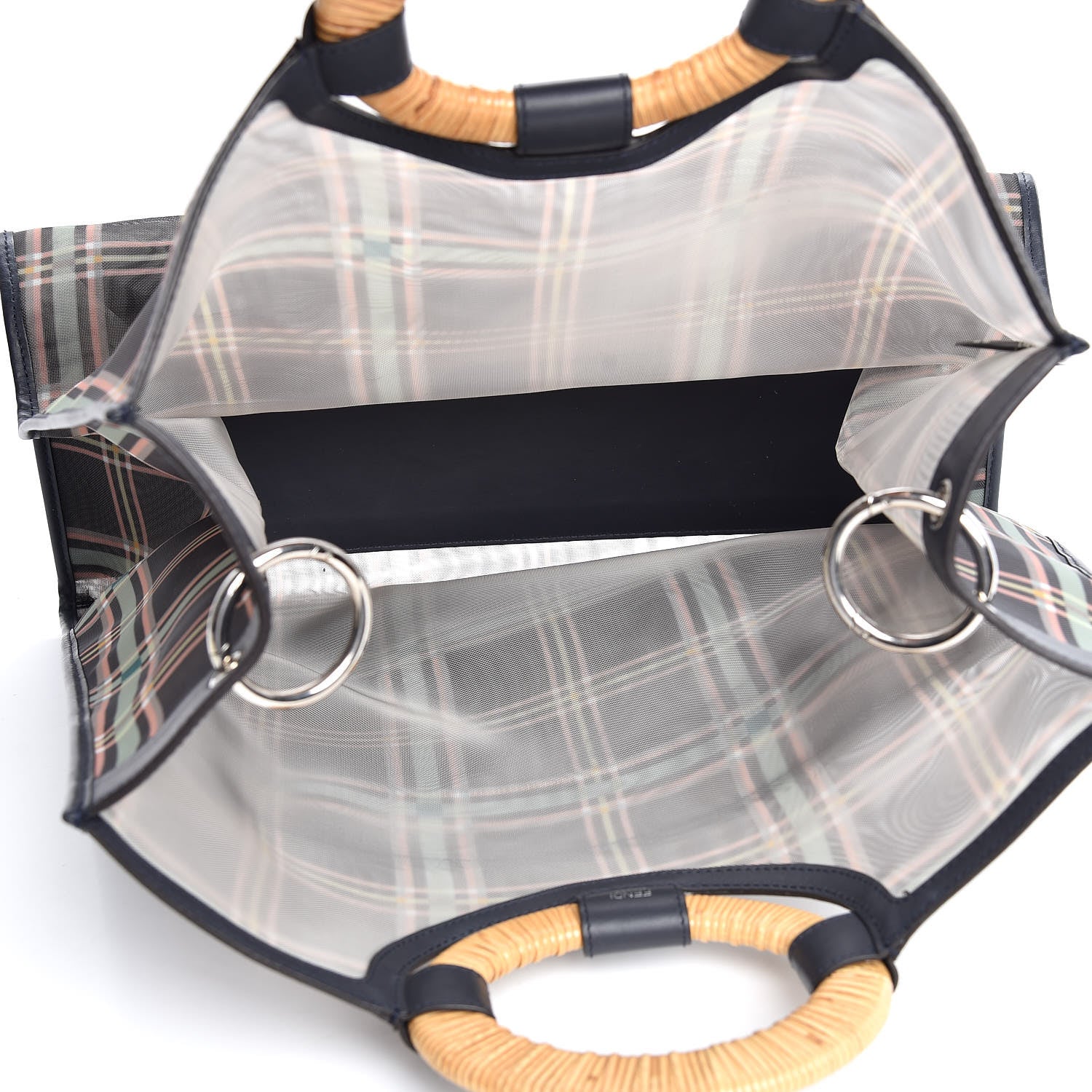 Fendi Mesh Vitello Century Wicker Tartan Plaid Large Runaway Shopper Tote Black Blue Notte 5 of 9