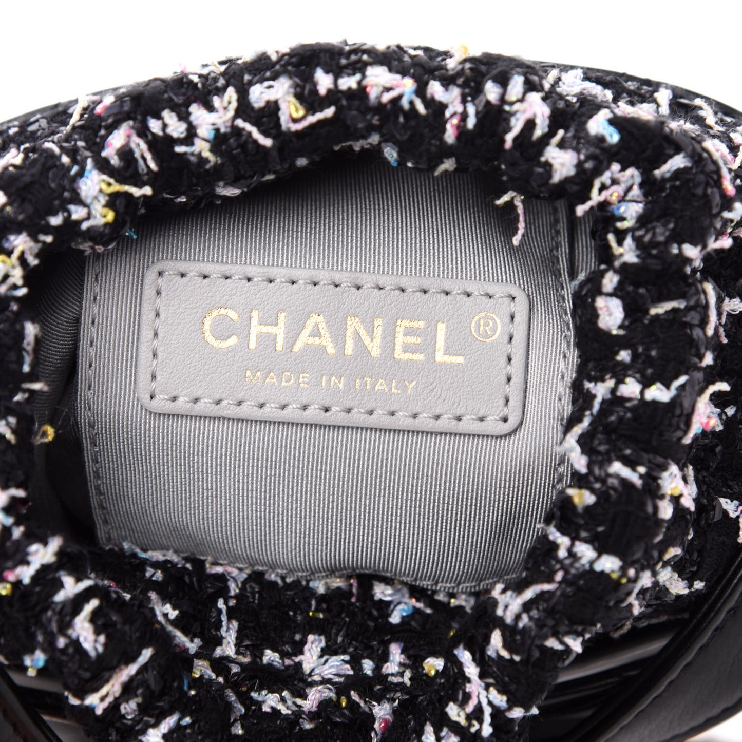 Calfskin Tweed Small CC Chain Bucket Drawstring Bag Black Multicolor