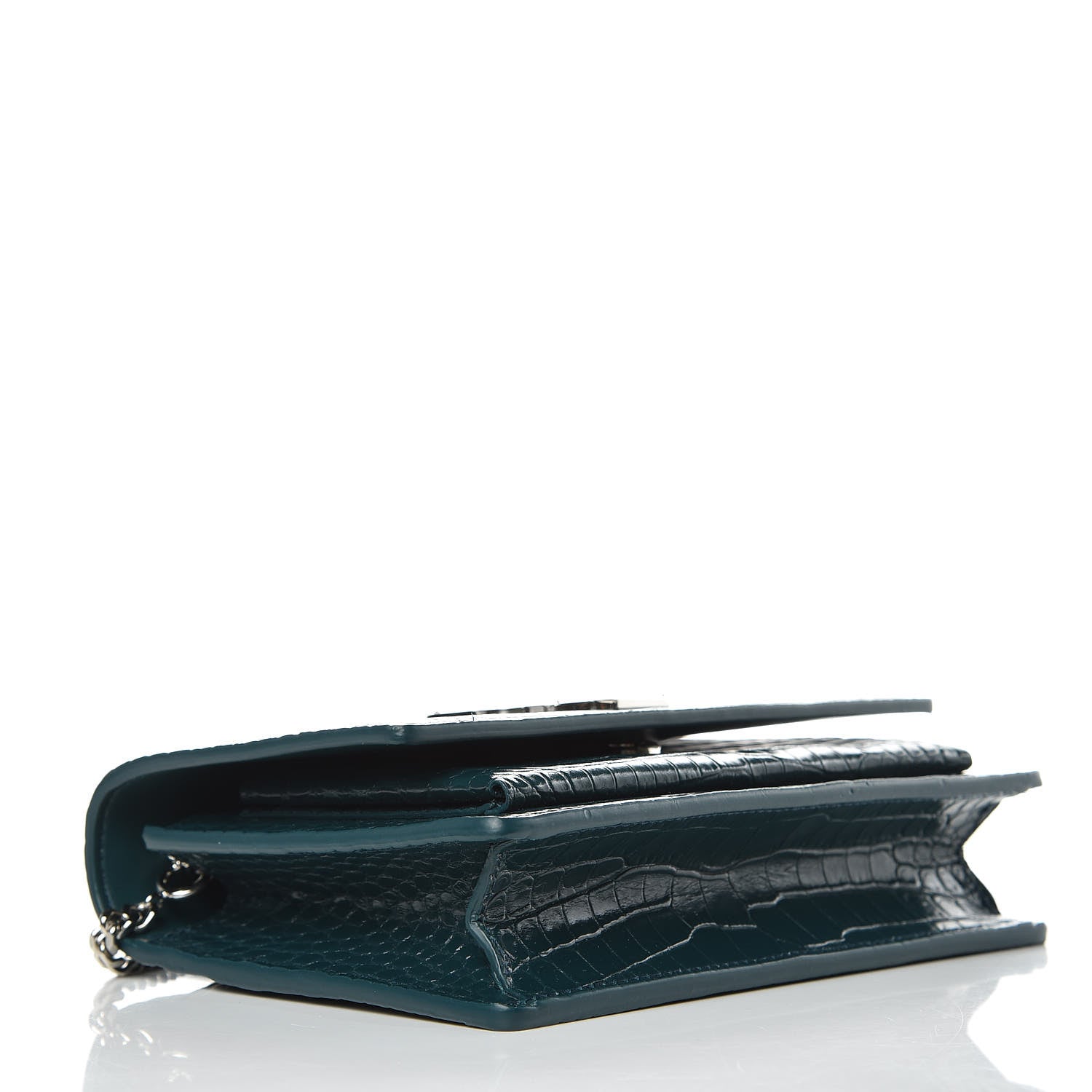 Saint Laurent Calfskin Crocodile Embossed Monogram Sunset Chain Wallet Dark Turquoise 4 of 9