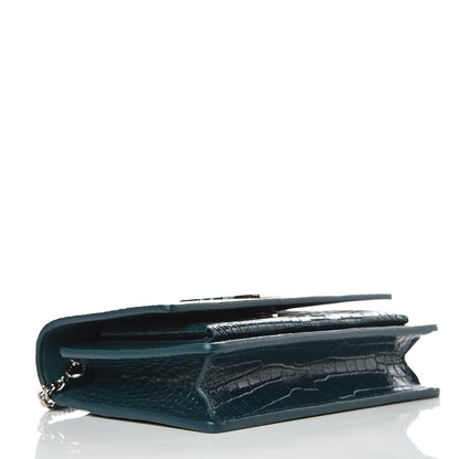 Saint Laurent Calfskin Crocodile Embossed Monogram Sunset Chain Wallet Dark Turquoise 4 of 9