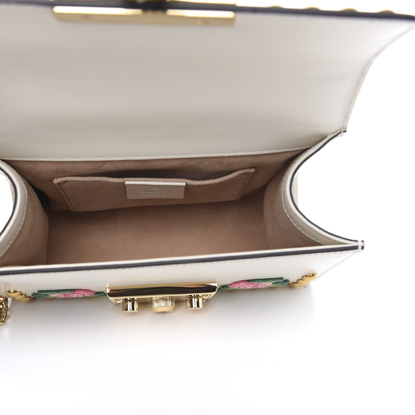 Calfskin Floral Embroidered Small Padlock Shoulder Bag White