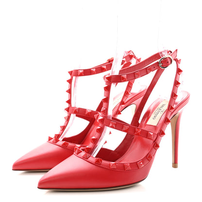 Valentino Garavani Calfskin Lacquered Monochrome Rockstud Ankle Strap 100mm Pumps 37.5 Rosso Valentino 4 of 10