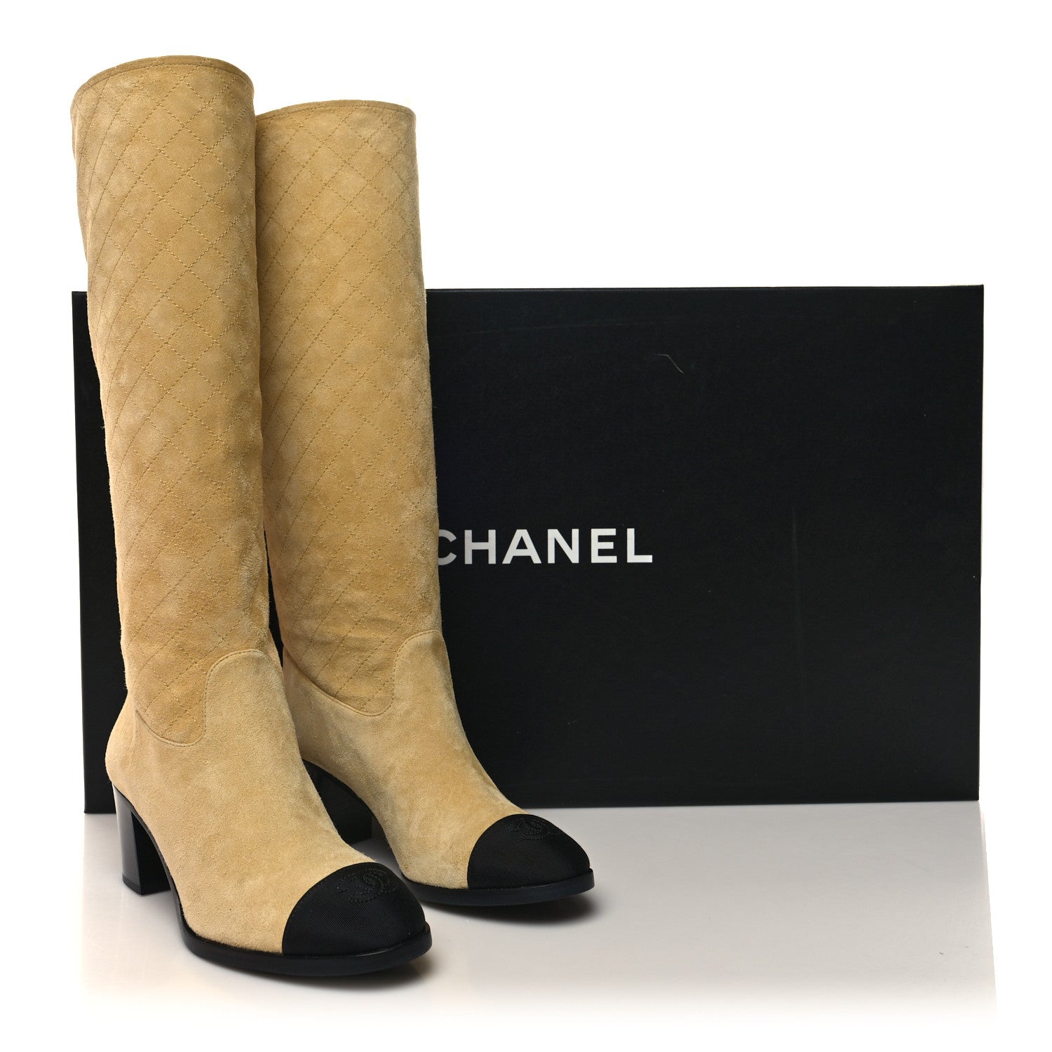 Chanel Suede Grosgrain Stitched CC High Boots 37 Beige Black 8 of 8