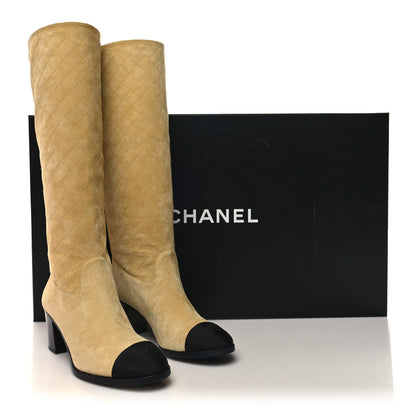 Chanel Suede Grosgrain Stitched CC High Boots 37 Beige Black 8 of 8