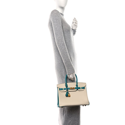 Hermes Epsom Horseshoe Bi Color Birkin 30 Craie Bleu Paon 2 of 13