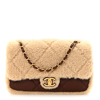 Chanel Shearling Lambskin Quilted Furry Coco Flap Dark Brown Beige 2 of 21