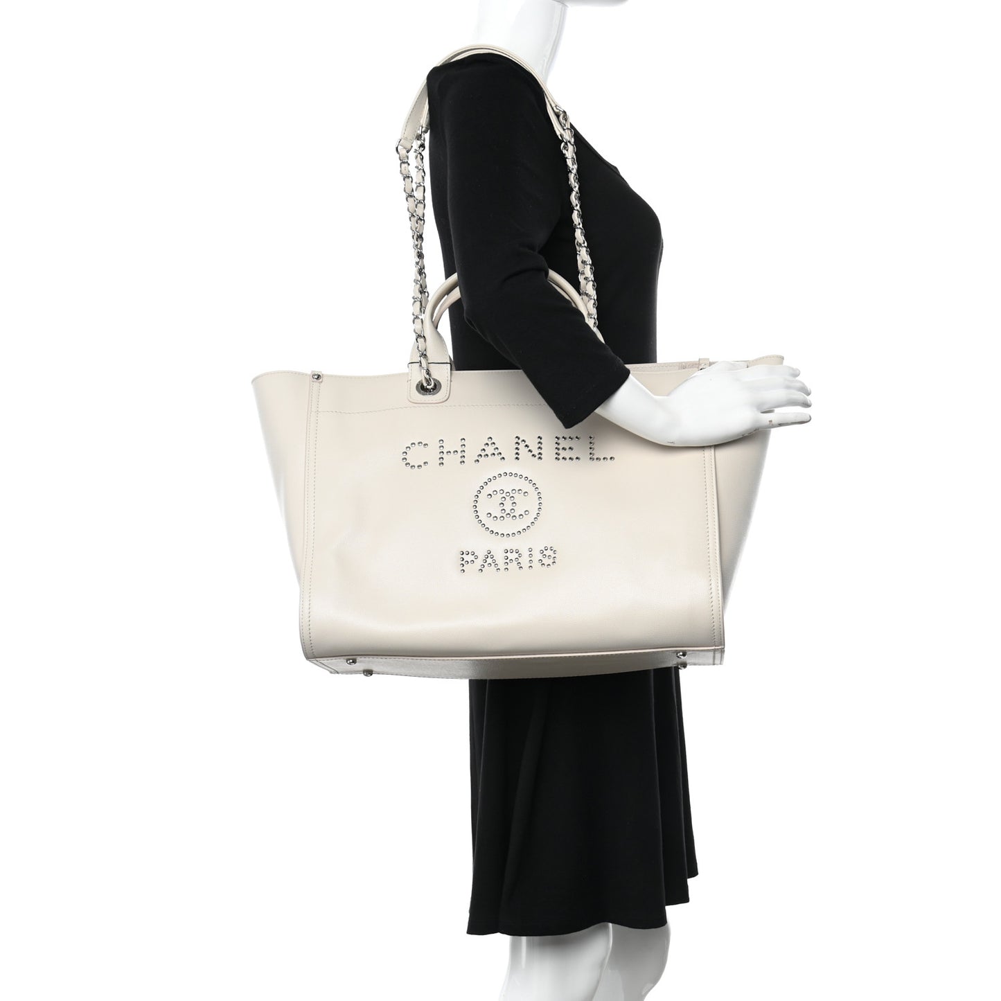 Caviar Medium Studded Deauville Tote Ivory