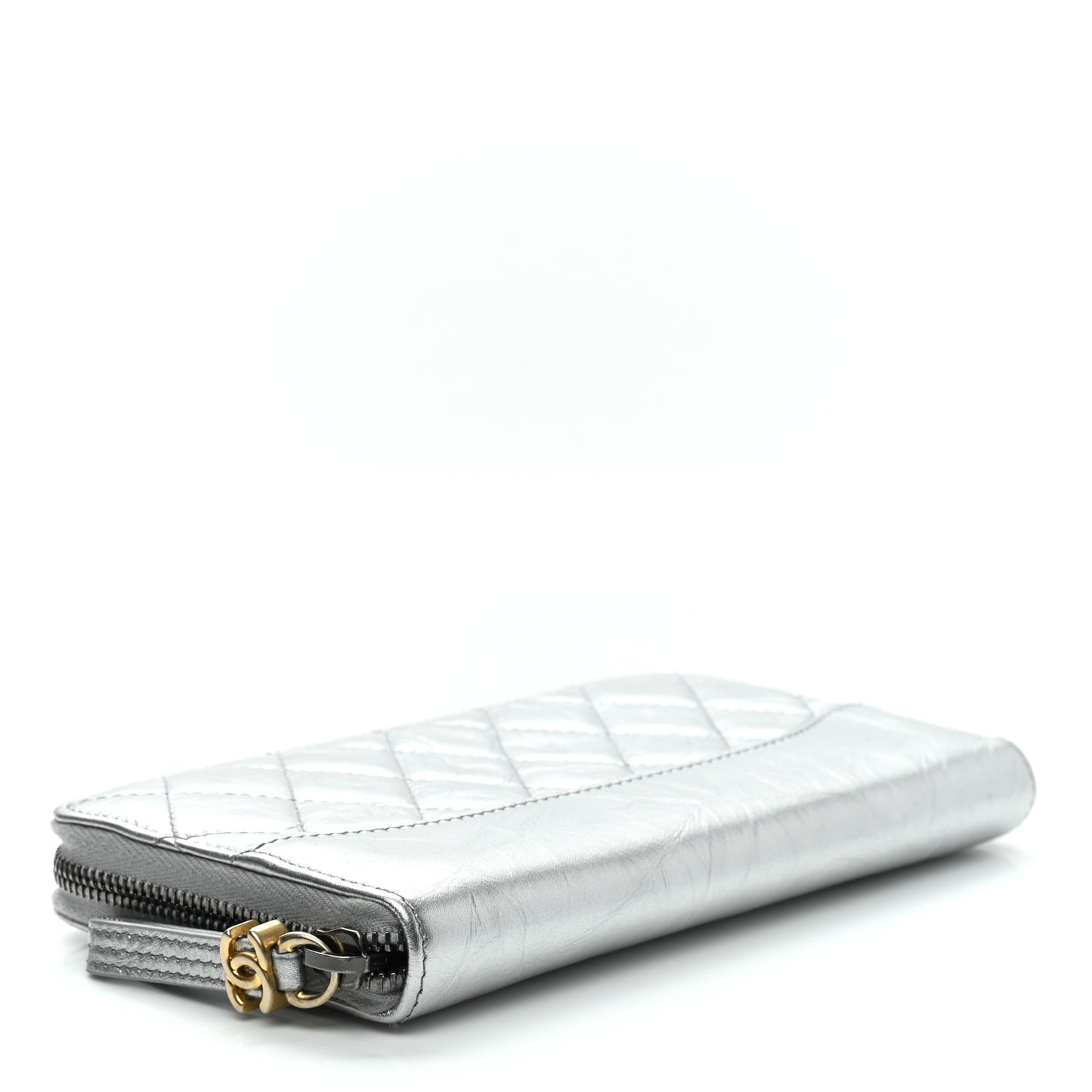 Metallic Aged Calfskin Quilted Large Gabrielle Zip Around Wallet Silver