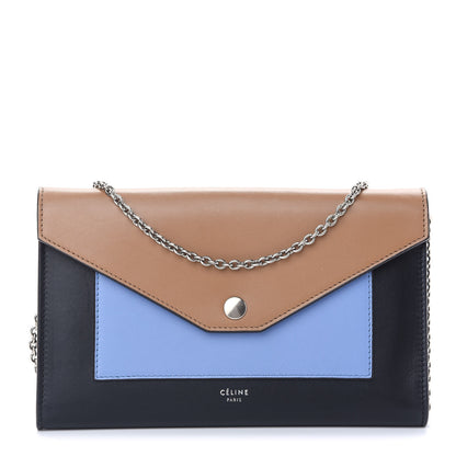 Celine Shiny Calfskin Large Pocket Flap On Chain Black Blue Camel 1 of 9