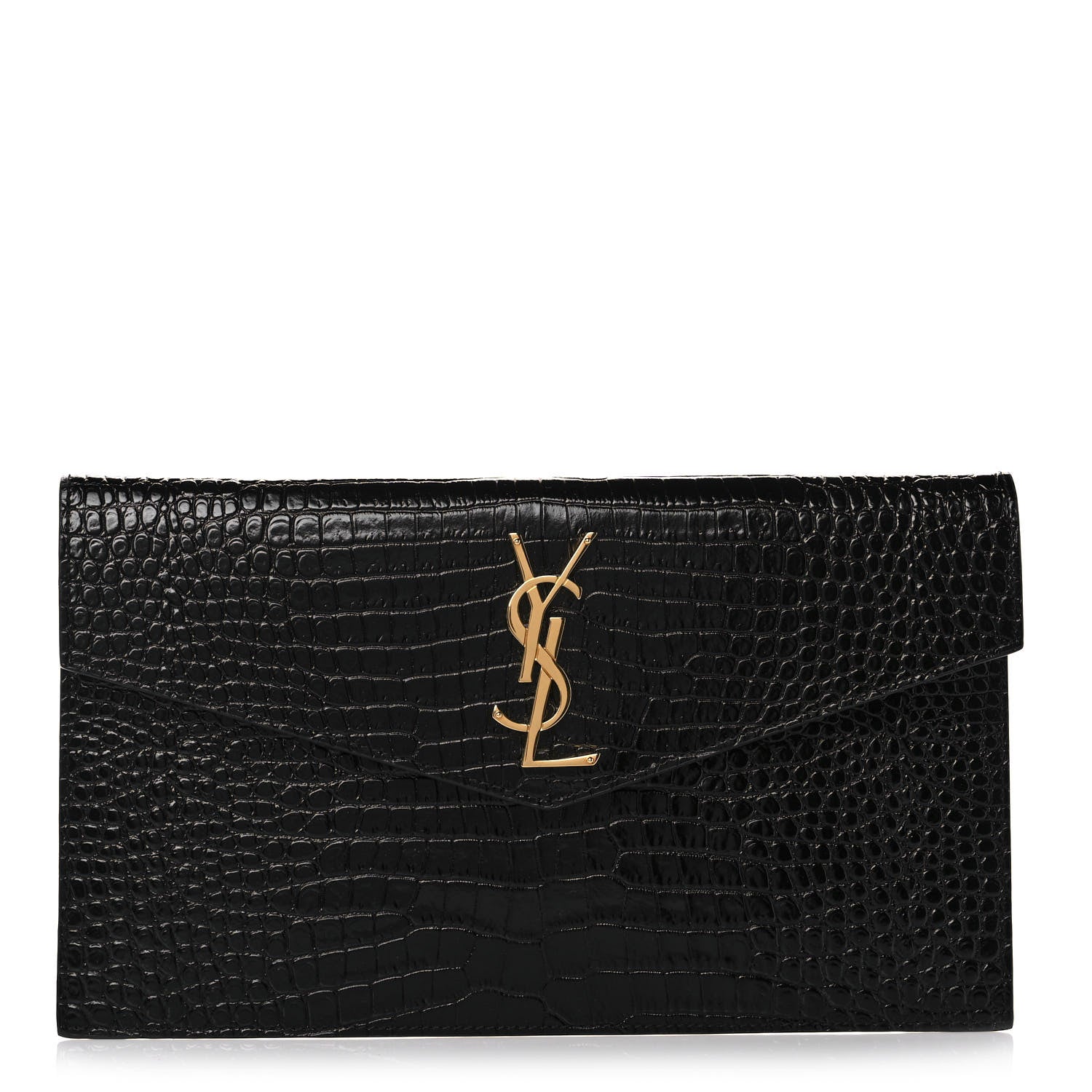 Saint Laurent Calfskin Crocodile Embossed Uptown Monogram Clutch Black 1 of 7